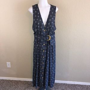 Vintage 80s Navy White Floral Stripe Belted Dress